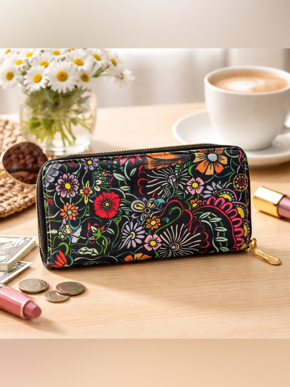 Loveshe Floral Zip Around Wallet Black Multicolor Gold Hardware Organizer Clutch